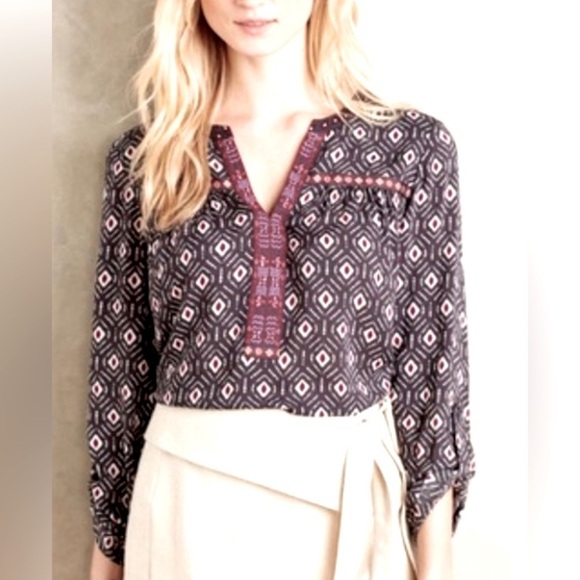 Anthropologie One September Embroidered Grey Burgundy Blouse Top Size Medium - Picture 11 of 11